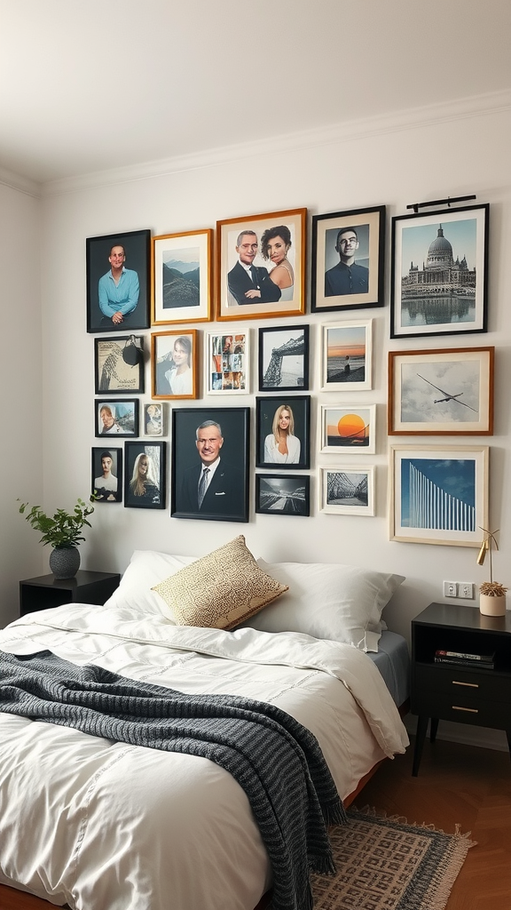 A well-arranged gallery wall featuring a mix of portraits and landscapes above a bed.