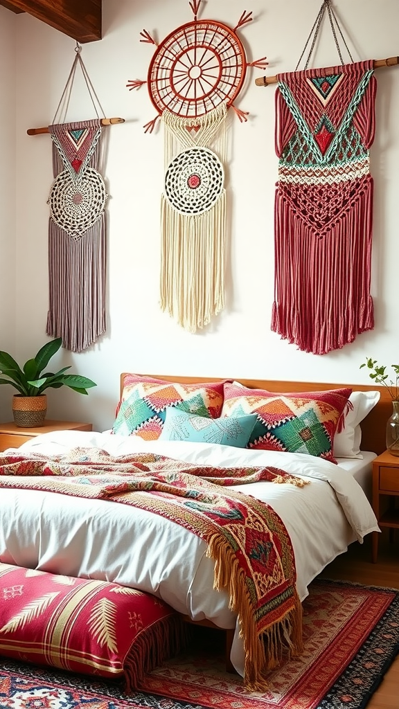 A cozy bedroom featuring macrame wall hangings and colorful textiles.