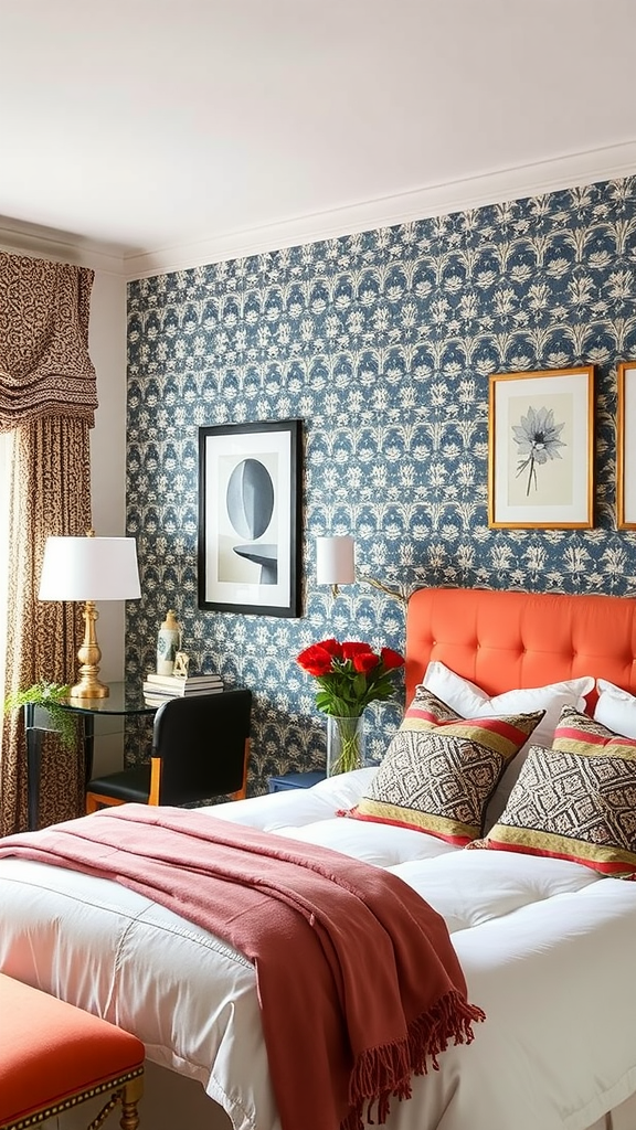 A beautifully decorated bedroom featuring a bold floral wallpaper accent wall in blue, complemented by an orange headboard and colorful decor.