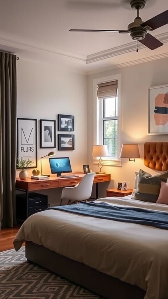 A stylish bedroom featuring a desk workspace with a computer, decorative art, and soft lighting.