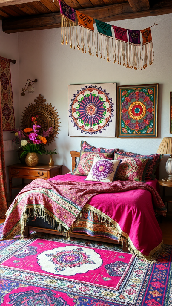 A cozy bedroom featuring colorful boho patterns on bedding, rugs, and wall art.