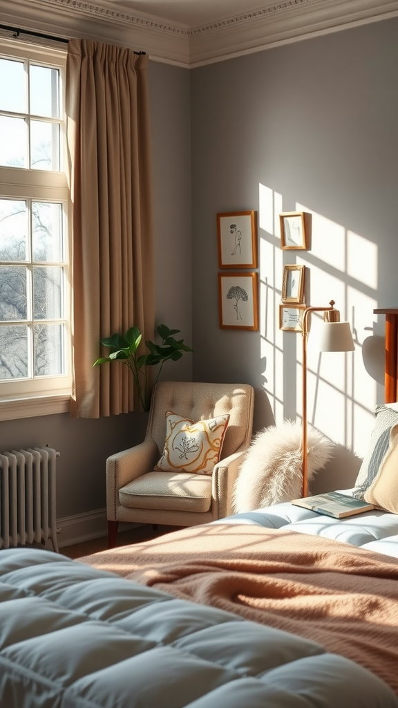 Cozy reading nook with a chair, a blanket, and a book by the window