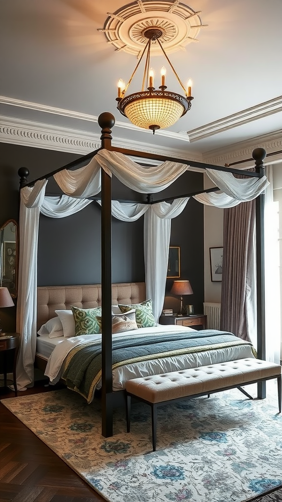 A beautifully designed canopy bed with flowing drapes and elegant decor.