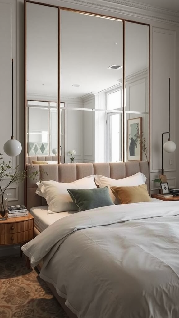 A stylish bedroom featuring a large mirror and a cozy bed with decorative pillows.