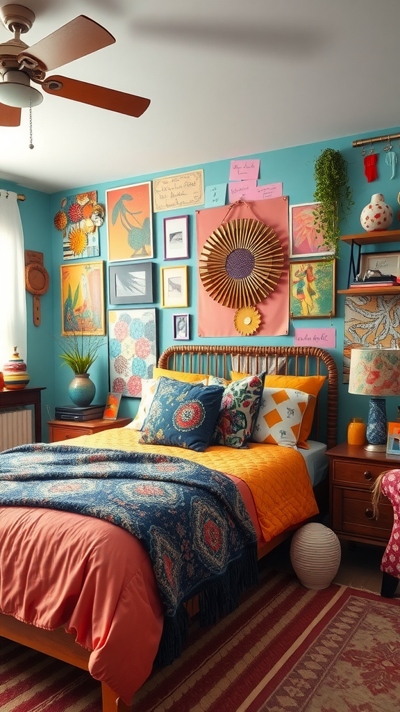 A vibrant bedroom with colorful pillows, patterned blankets, and eclectic wall art.