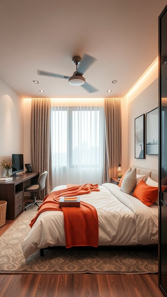 Cozy bedroom with a workspace, featuring a bed, desk, and warm decor.