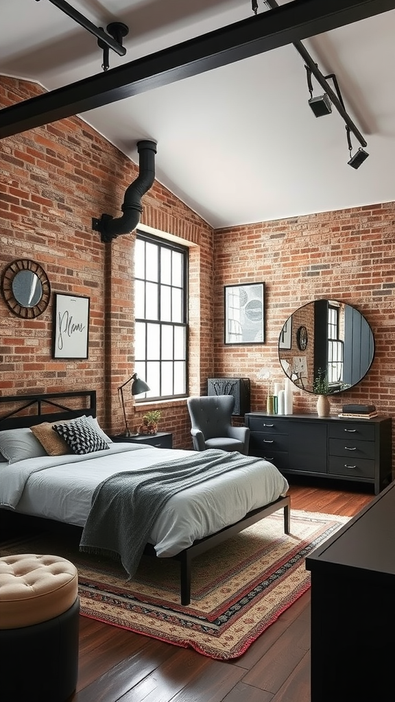 A stylish bedroom featuring exposed brick walls, a sleek bed, and industrial decor.