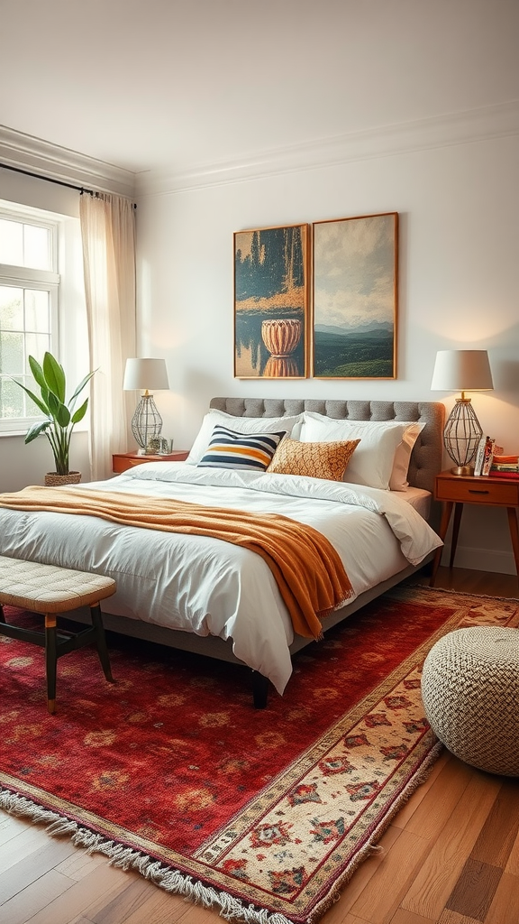 A cozy bedroom featuring layered rugs, a bed with warm blankets, and stylish decor.