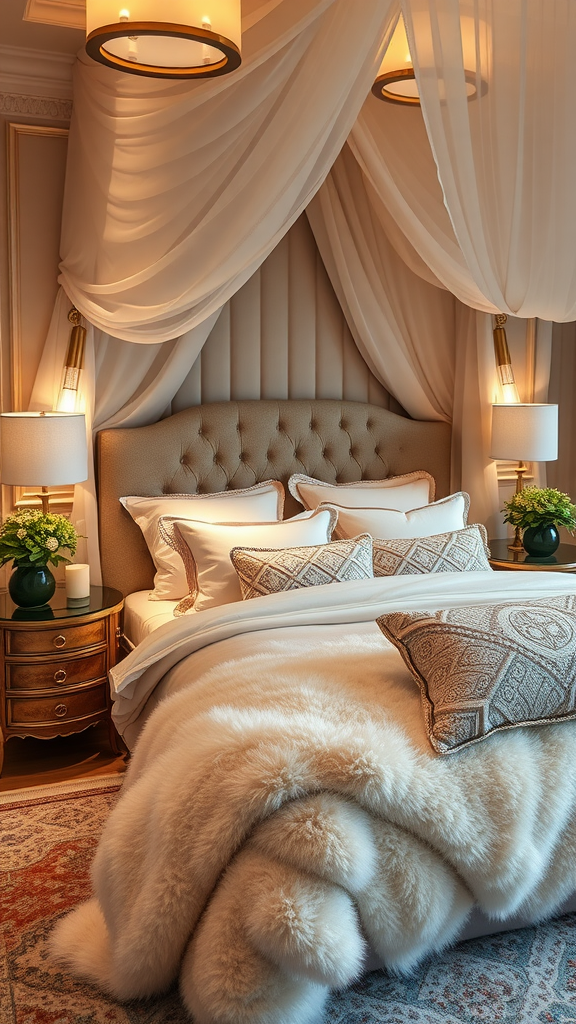 Luxurious layered bedding with plush blankets and decorative pillows.