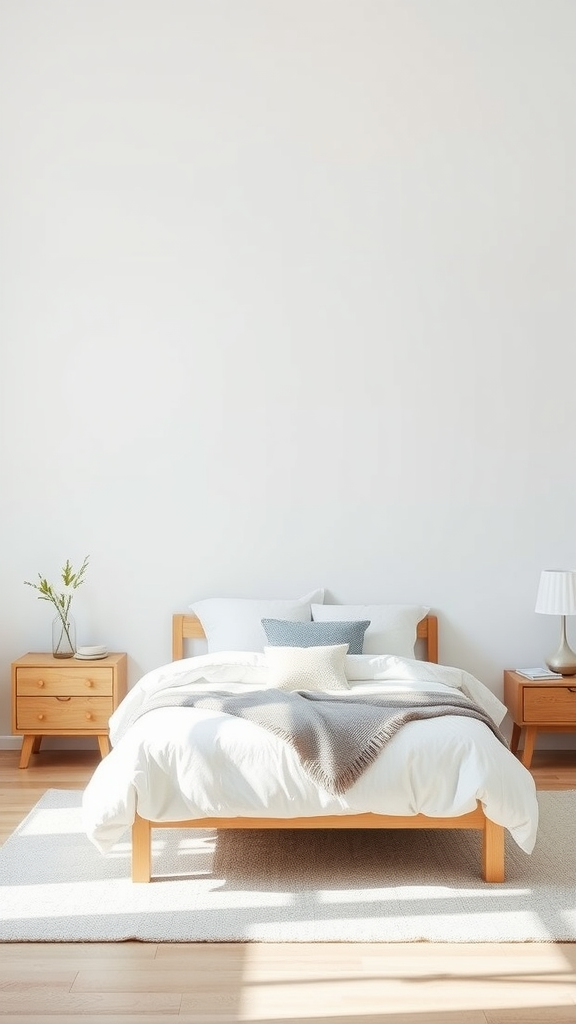 Cozy bedroom with a minimalist Scandinavian design featuring a wooden bed, soft bedding, and simple decor.