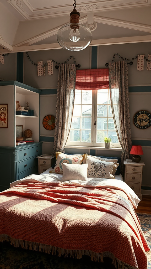 A cozy bedroom featuring vintage decor with modern lighting and a warm color palette.