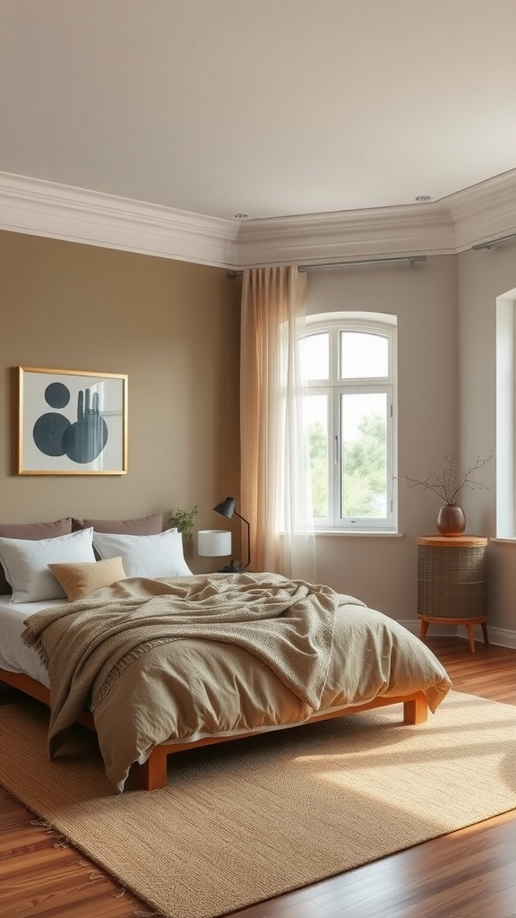 A cozy bedroom with earth tones and natural elements.