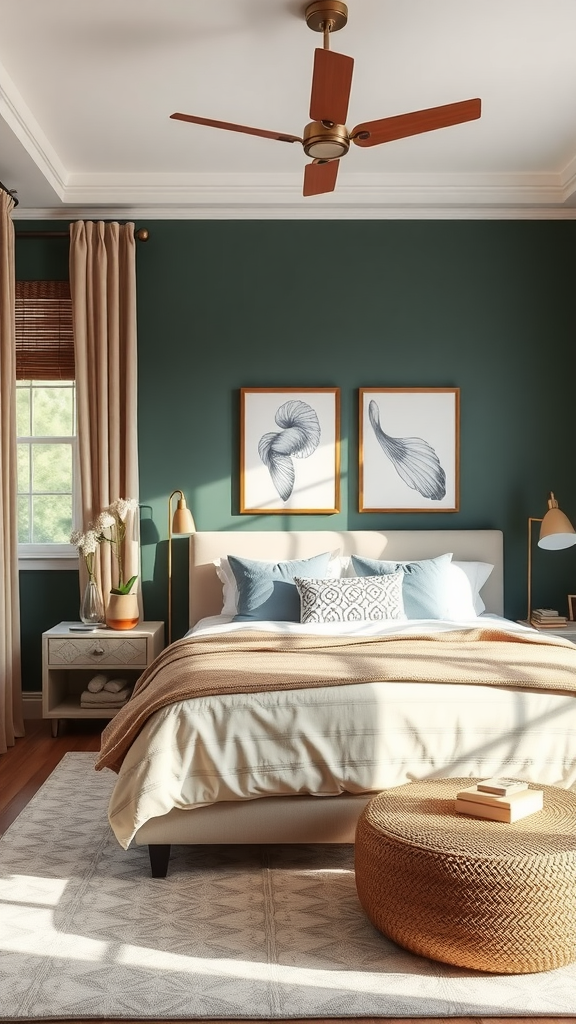 A cozy bedroom with a green wall, a bed with soft pillows, and natural light coming through the window.