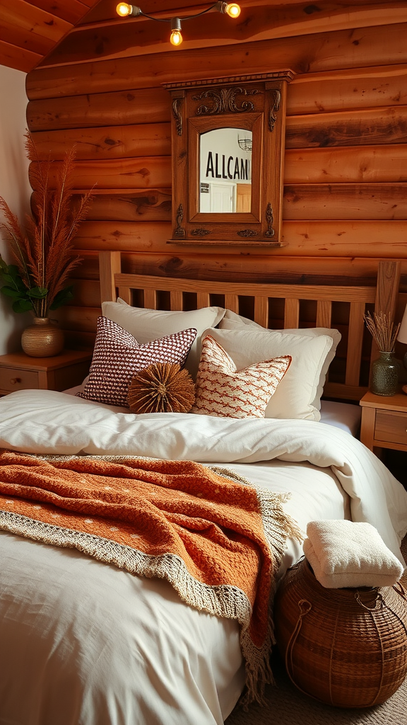 A cozy bedroom with an orange throw blanket, textured pillows, and wooden accents.