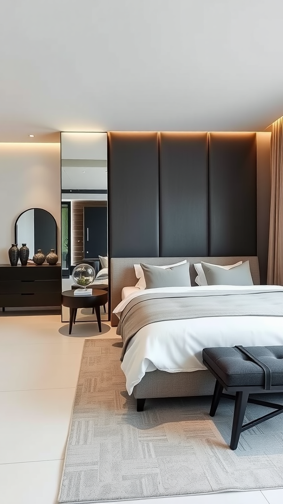 A modern bedroom featuring a dark accent wall, stylish bedding, and minimalistic decor.