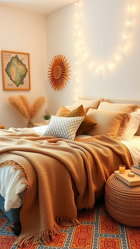 A cozy bedroom with soft throws and pillows on the bed, warm lighting, and decorative elements.