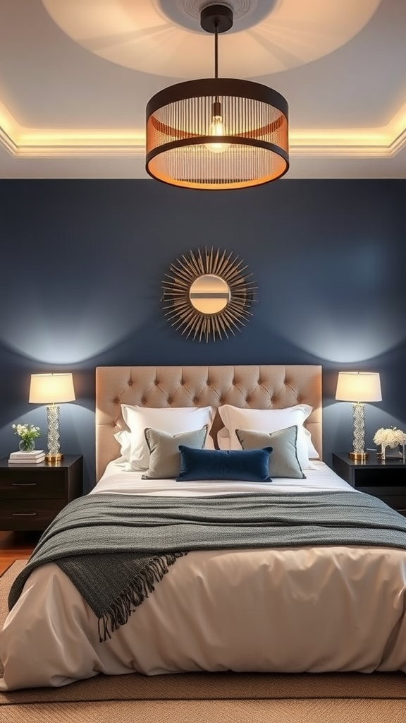 A stylish bedroom featuring a statement lighting fixture hanging from the ceiling, with a comfortable bed and elegant decor.