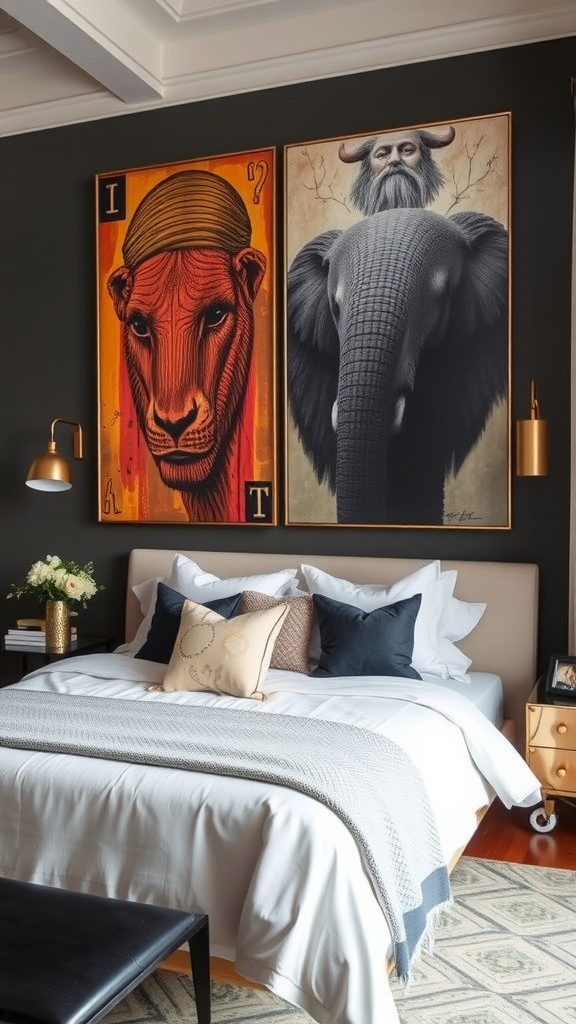 Colorful wall art featuring a cow and an elephant in a stylish bedroom setting.