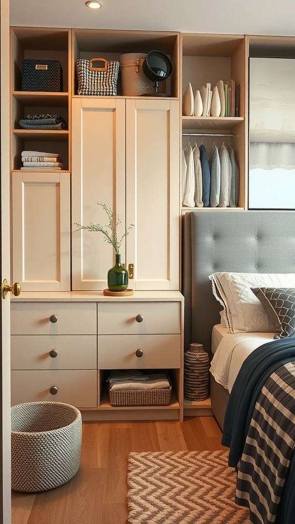 A stylish bedroom with organized storage, featuring a mix of baskets, drawers, and decorative items.