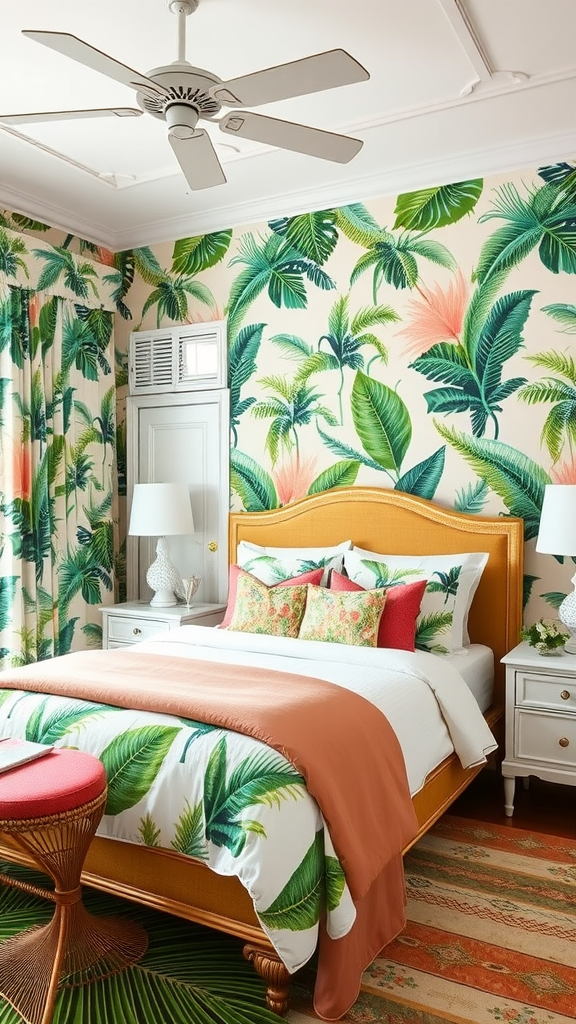 A bright bedroom featuring palm print decor with a cozy bed and stylish furniture.