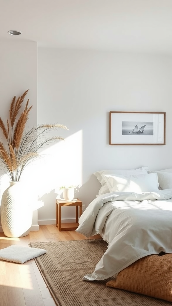 A serene bedroom featuring a minimalist design with soft bedding, natural light, and a stylish plant.